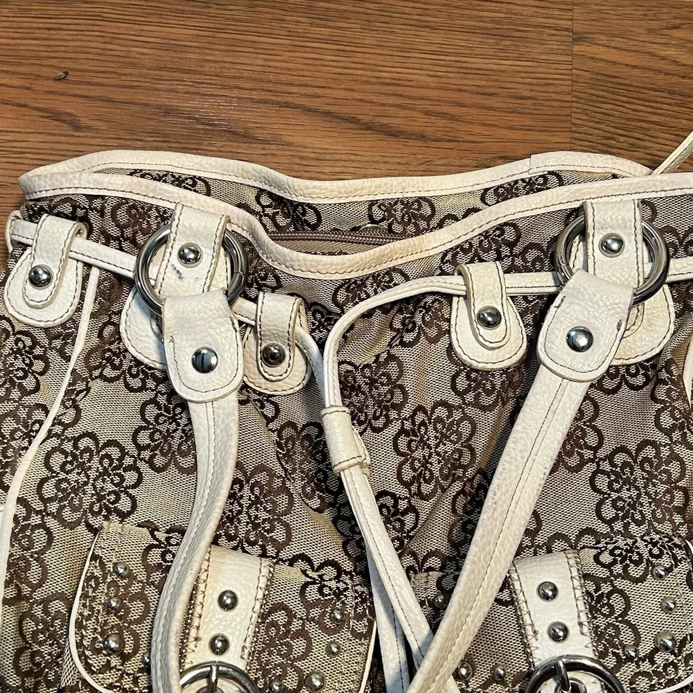 Kathy Van Zeeland Gold Metallic‎ Shopper Tan Floral Purse Handbag w/ Keychain